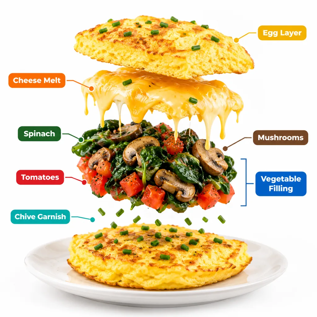 Exploded omelette layers with cheese melt and vegetable labels