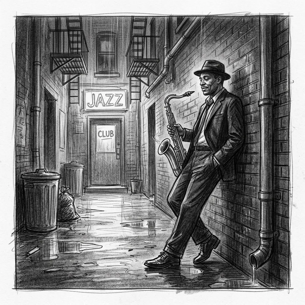 Black-and-white pencil sketch of a saxophonist in a hat leaning on a brick wall in a rainy alley beside a JAZZ club sign