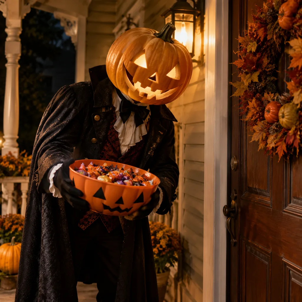 Pumpkin-headed Victorian porch greeter with a huge candy bowl