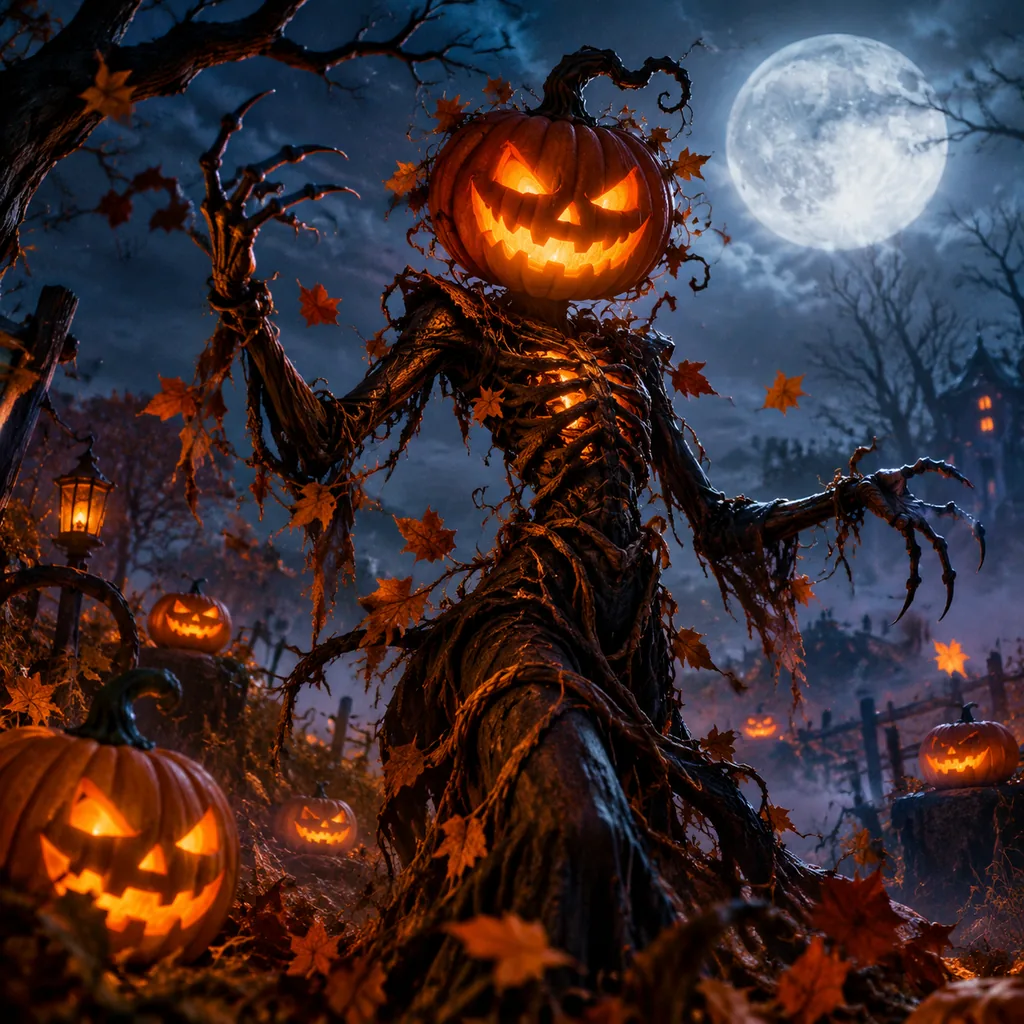 Tall vine-limbed figure with a glowing pumpkin lantern head in mist