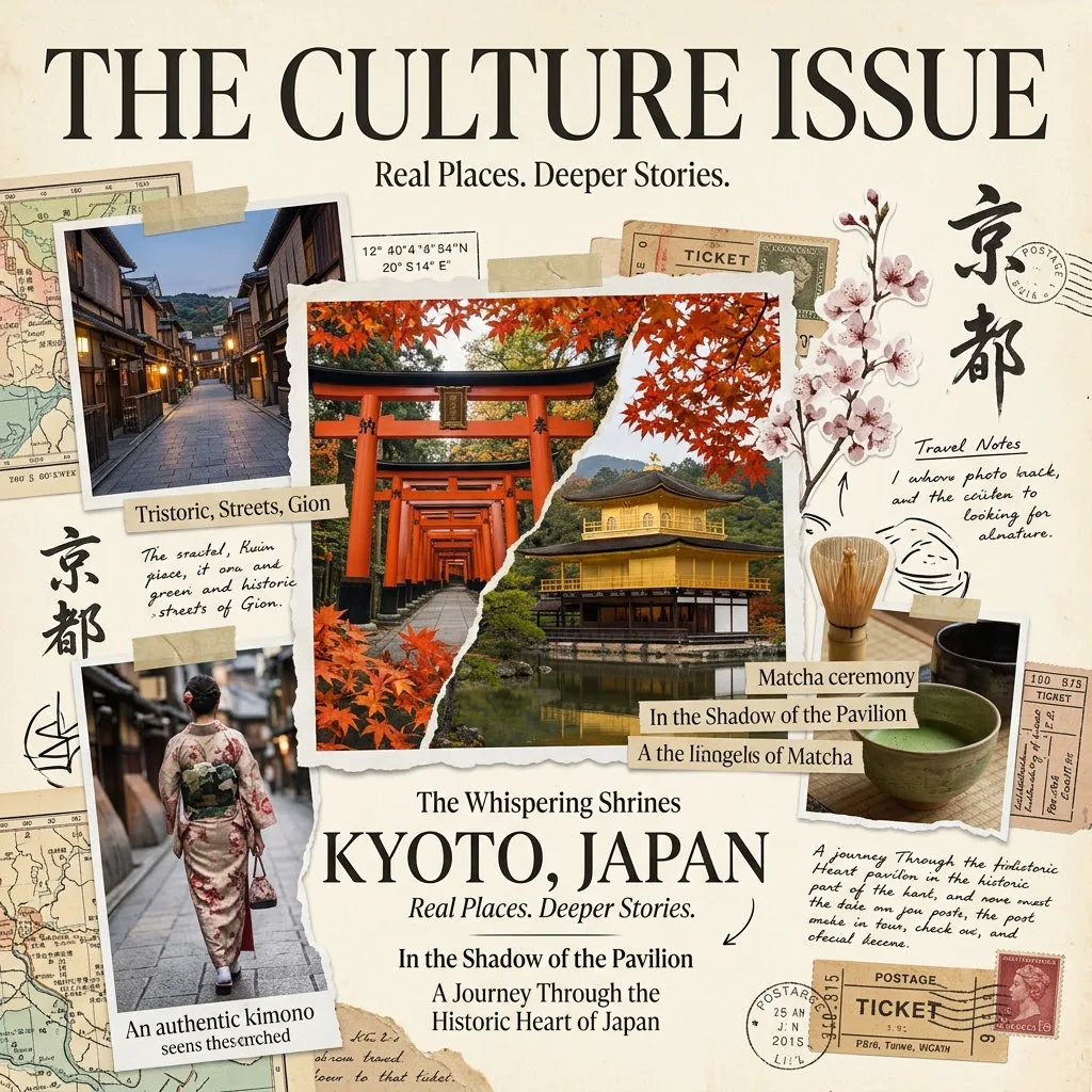 Scrapbook-style magazine cover titled THE CULTURE ISSUE with torn-paper photos of Kyoto shrines, a golden pavilion, matcha and a woman in a kimono