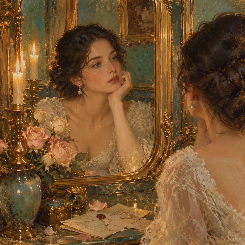 Vintage oil painting of a woman at a vanity mirror in candlelight