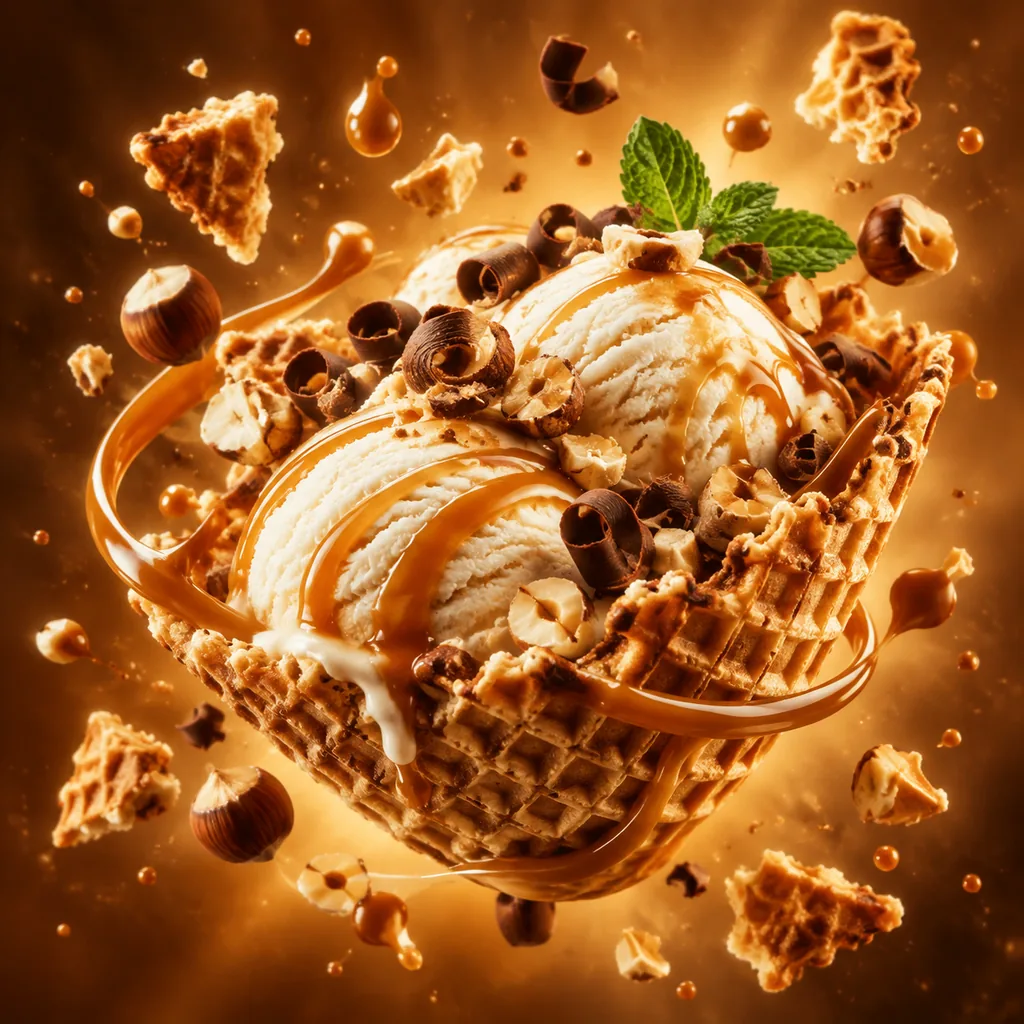 Floating waffle bowl ice cream wrapped in caramel ribbons