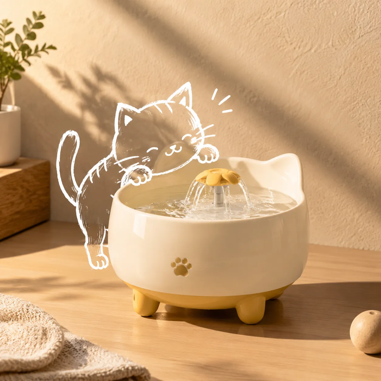 Cat-eared ceramic pet water fountain on a wooden table by a sunlit beige wall, with a white line-drawn doodle cat leaning over it to drink
