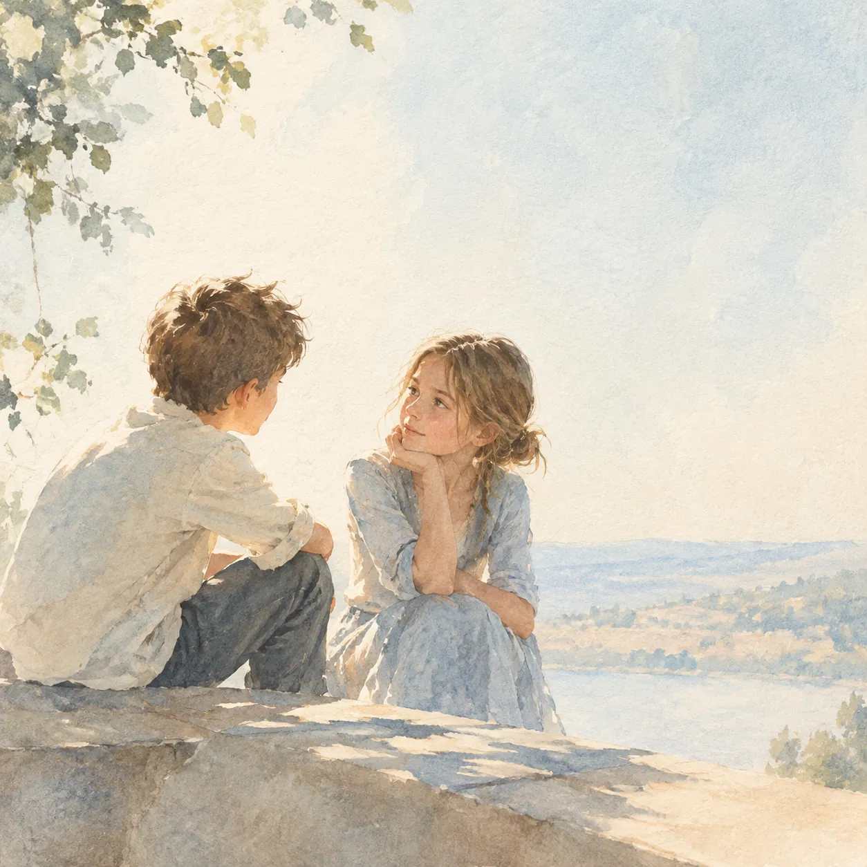 Watercolour picture-book illustration of a boy and a girl sitting on a rock in calm conversation above a hazy valley, leaves framing the corner