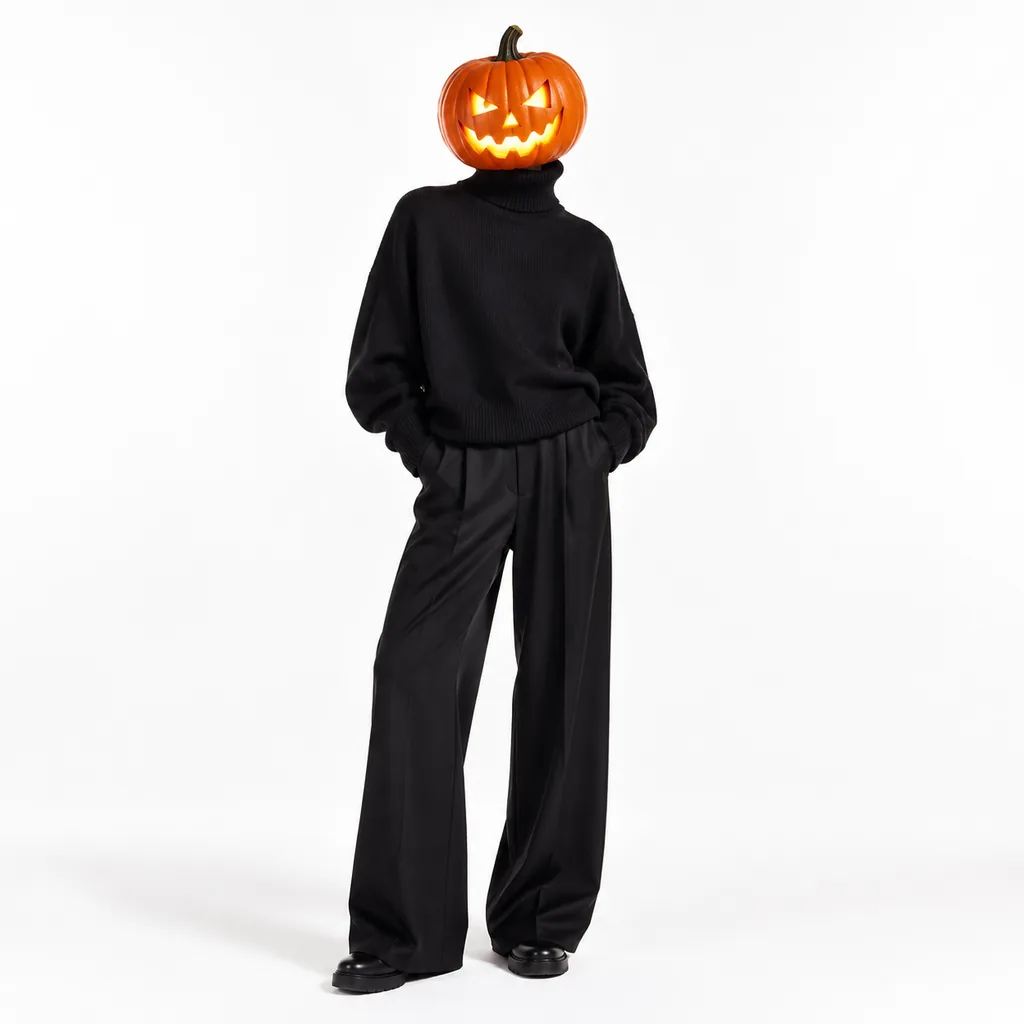 Pumpkin-headed model on a pure white cyclorama with softbox light