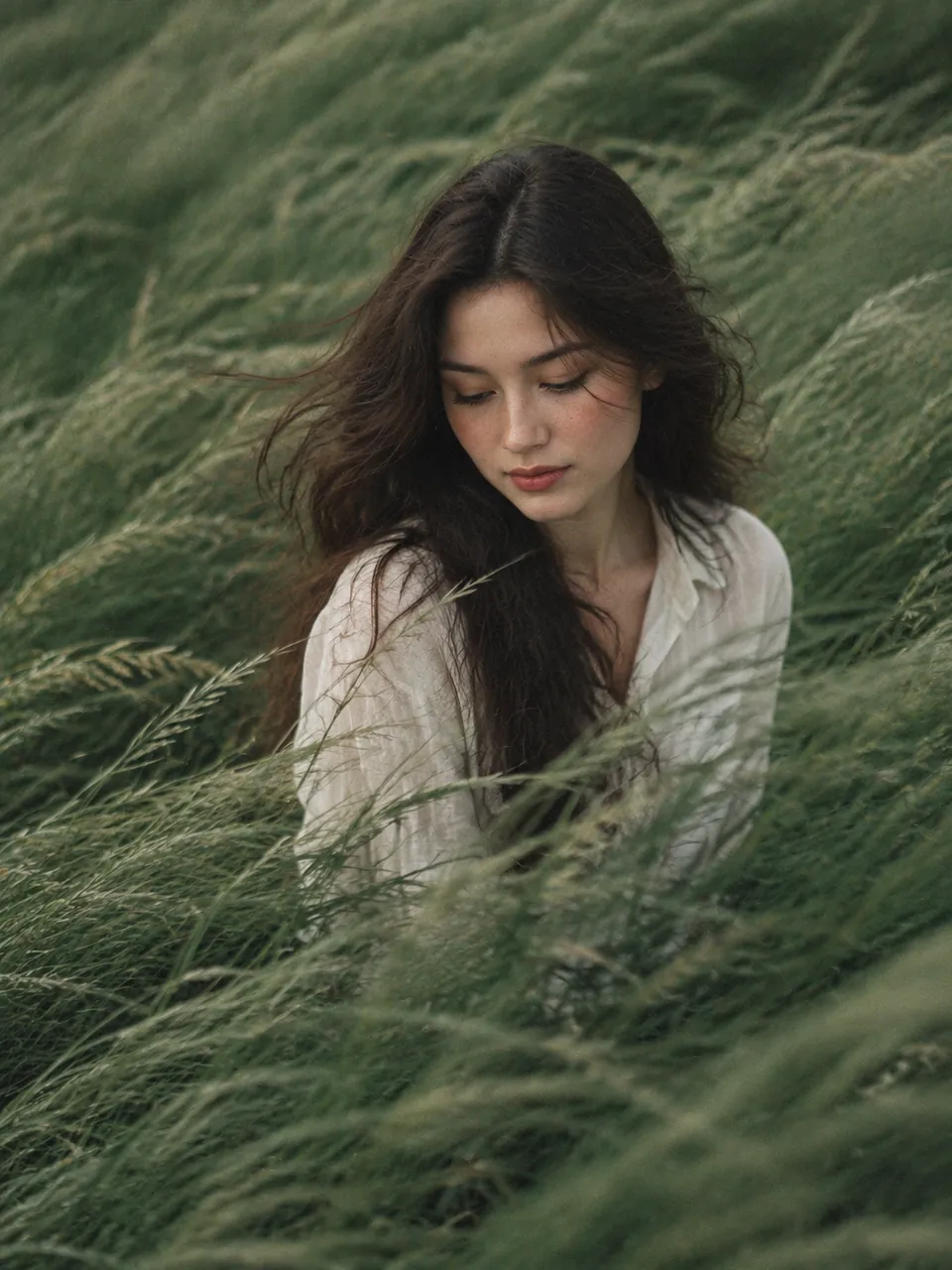 Woman with long dark hair in a loose white shirt standing in tall wind-blown sage-green grass, head tilted down, film-style editorial portrait
