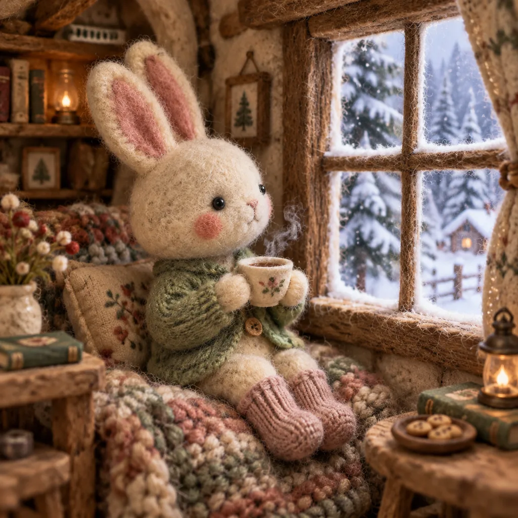 Needle-felted cream wool bunny in a sage knitted cardigan holding a steaming teacup in a cozy handmade cottage