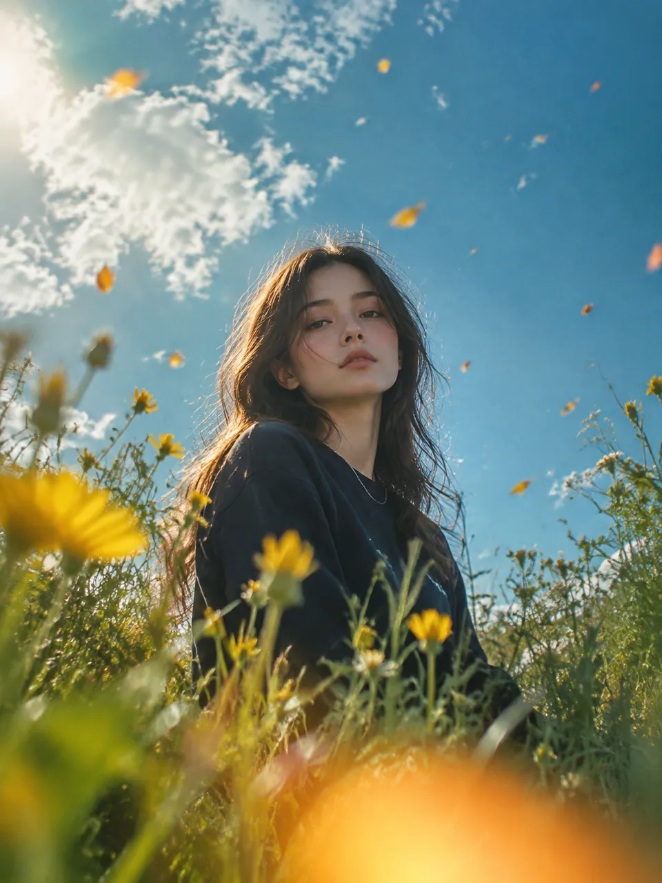 Low-angle portrait of a dark-haired woman in a navy sweatshirt among blurred yellow wildflowers, turquoise sky, white clouds and floating orange petals