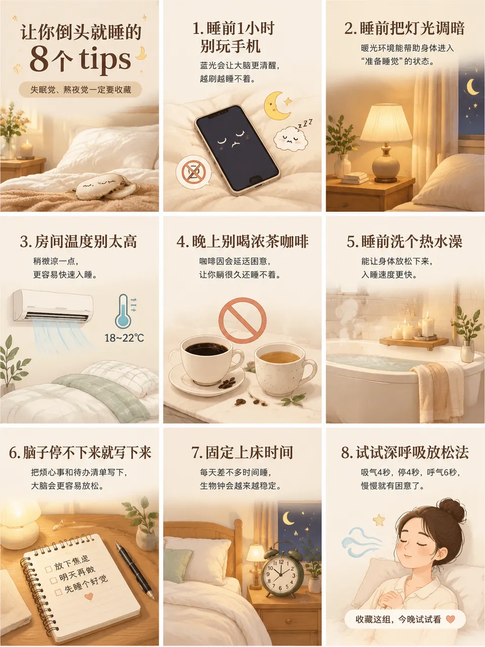 3x3 Chinese social poster in cream and caramel tones: a cover with 8 sleep tips and eight cards with tips illustrated by a phone, lamp, coffee and bed