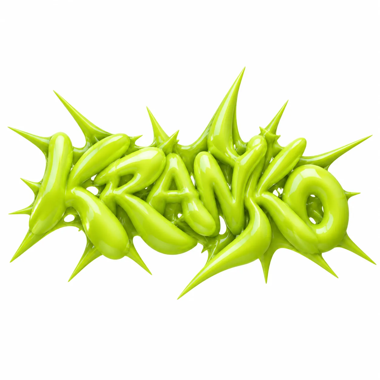 Glossy acid-lime 3D lettering spelling KRANKO, inflated balloon letters with sharp spikes, on a white background