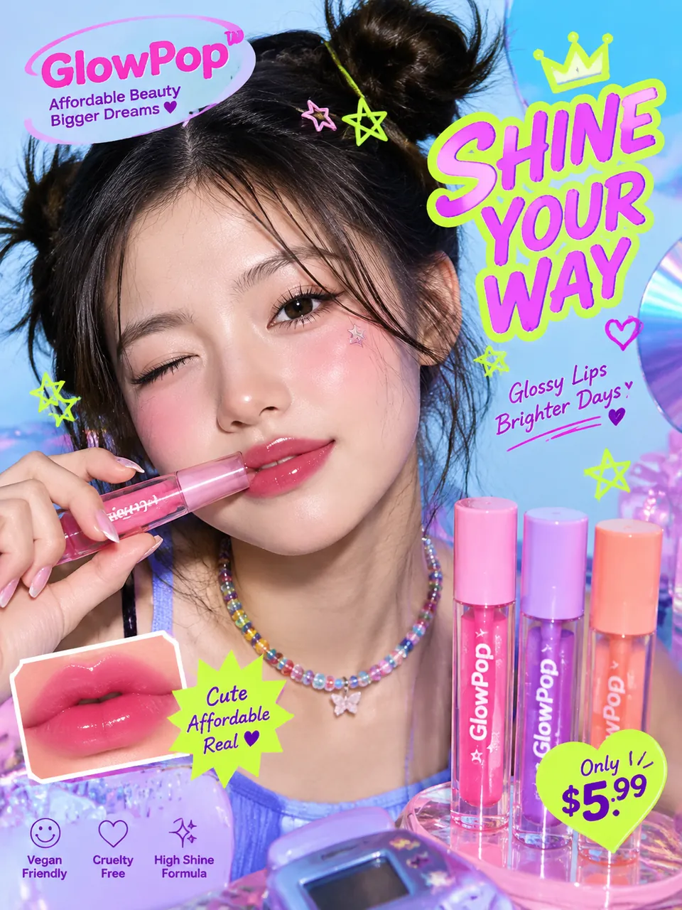 Y2K-style neon cosmetics poster with a winking young woman holding pink lip gloss, a Shine Your Way headline, gloss tubes, stars and sticker badges