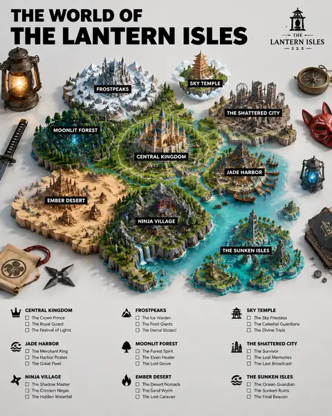 3D Fictional World Map Guide Poster Prompt