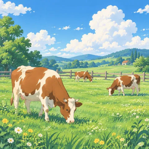 Anime Pasture Cows in Summer Meadow