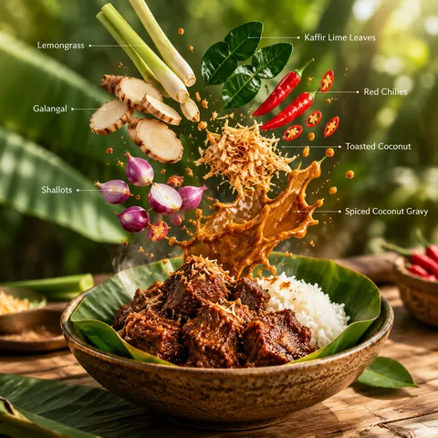 Beef Rendang Banana-Leaf Floating Infographic