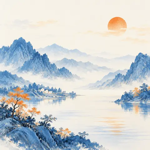 Blue & Orange Mountain Landscape Painting (Chinese Prompt)