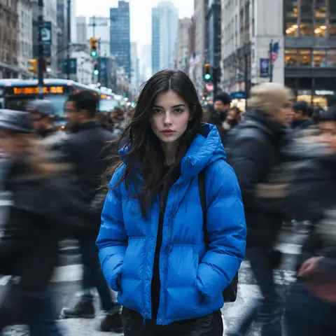 Blue Puffer Jacket Still in a Rushing Crowd