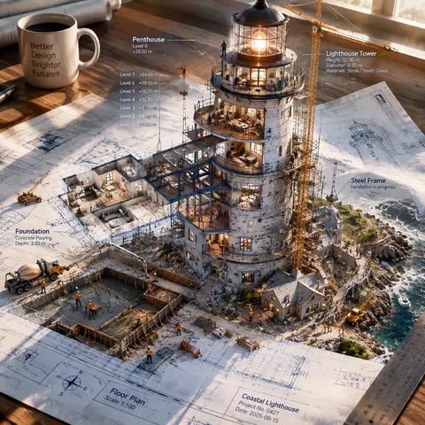 Blueprint Rising into a 3D Building Prompt