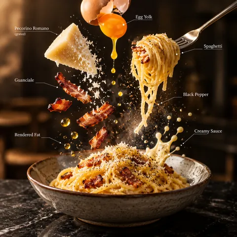 Pasta Carbonara Floating Ingredients Infographic