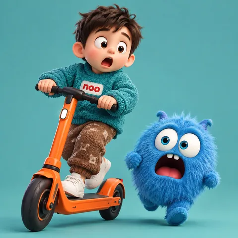 Chibi Boy on a Scooter with a Furry Blue Monster