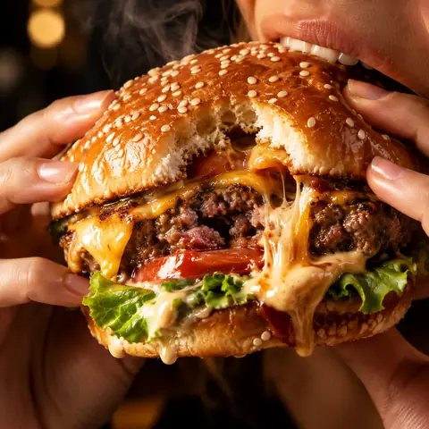 Mid-Bite Gourmet Burger Craving Shot (JSON Prompt)