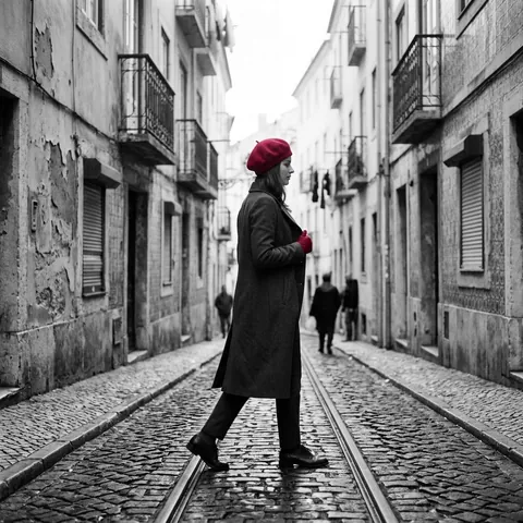 Crimson Accent Black-and-White Street Walk