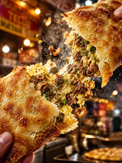 Crispy Martabak Tearing Open Macro Food Shot