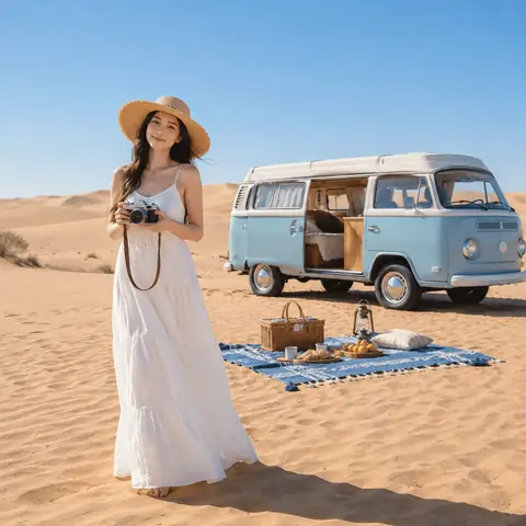 Desert Camper Van Picnic in a White Linen Dress