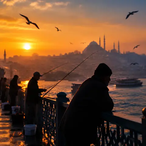 Fishermen on Istanbul's Galata Bridge at Sunset