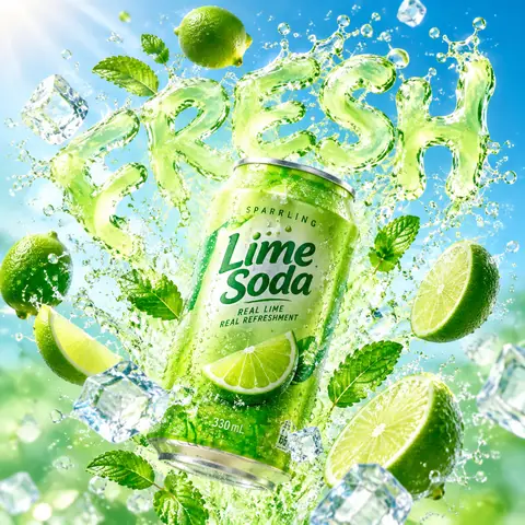 Floating Drink Can Ad with Liquid Word Splash