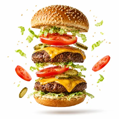 Floating Stacked Food Ad on White Background