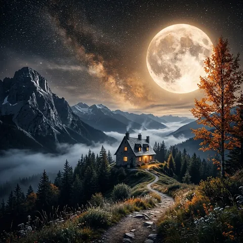 Full Moon Ridge House Fantasy Landscape