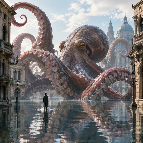 Giant Octopus Over a Flooded Street