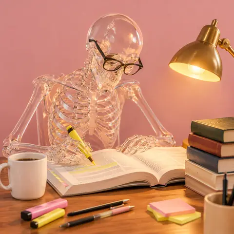 Glass Skeleton Studying at a Desk 3D Prompt