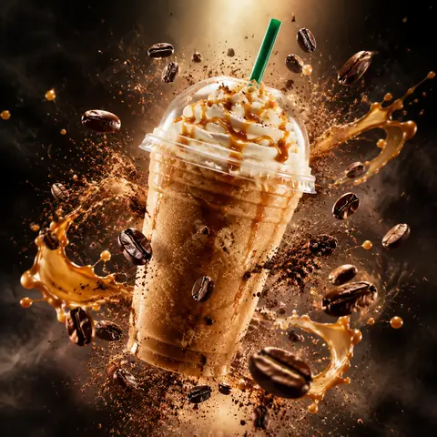 Iced Caramel Coffee Explosion Ad Shot Prompt