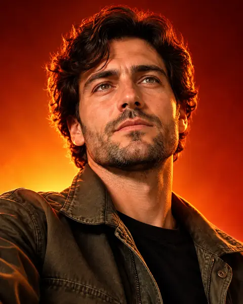 Identity-Locked Heroic Low-Angle Portrait in Red-Orange