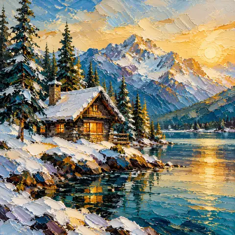 Impasto Oil Alpine Cabin