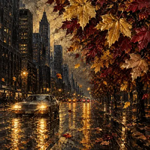 Impasto Rainy Avenue with Gold Maple