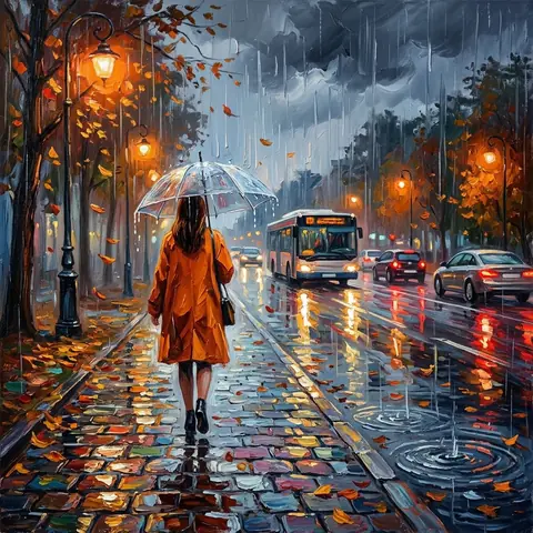 Impasto Rainy Umbrella Street Key Frame