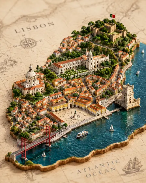 Isometric Miniature City Diorama on a Vintage Map