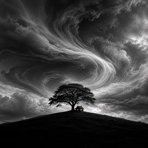 Lone Tree and Cabin Under a Swirling Sky
