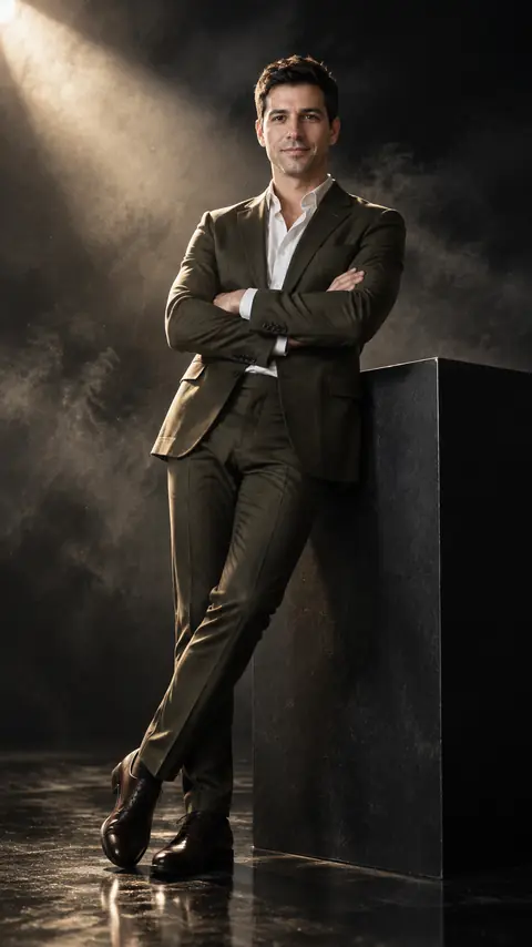 Low-Angle Olive Suit Studio Portrait from a Photo