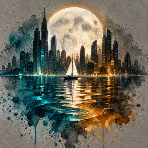 Moonlit Sailboat and City Watercolor
