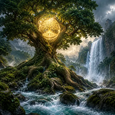 Mystical Ancient Tree with a Glowing Golden Orb
