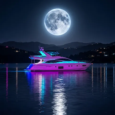 Neon Yacht in a Moonlit Harbour