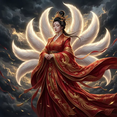 Nine-Tailed Fox Goddess in a Storm