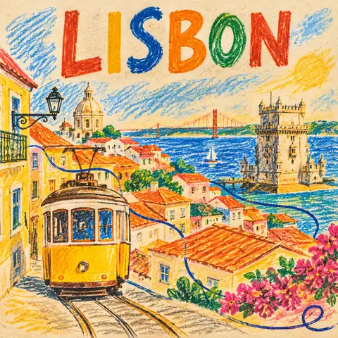 One-Line City Poster in Colored Pencil