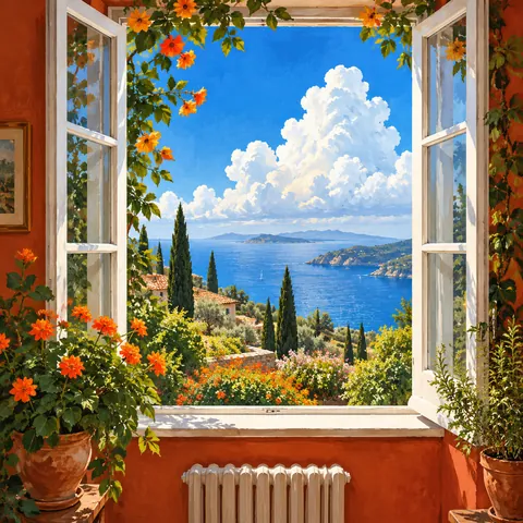 Open Window Coastal View Painting