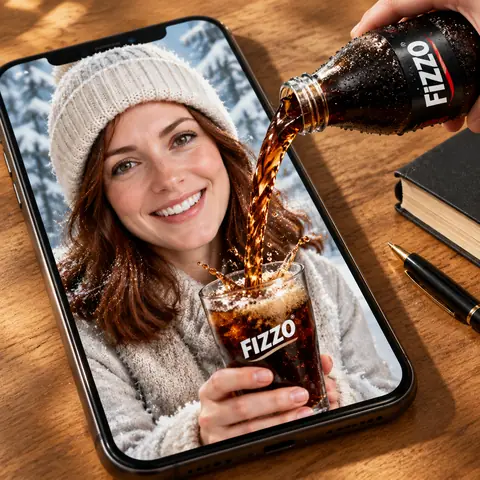 Oversized Phone Dimensional-Break Drink Ad Prompt