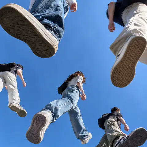 People Walking on Glass, Shot from Below
